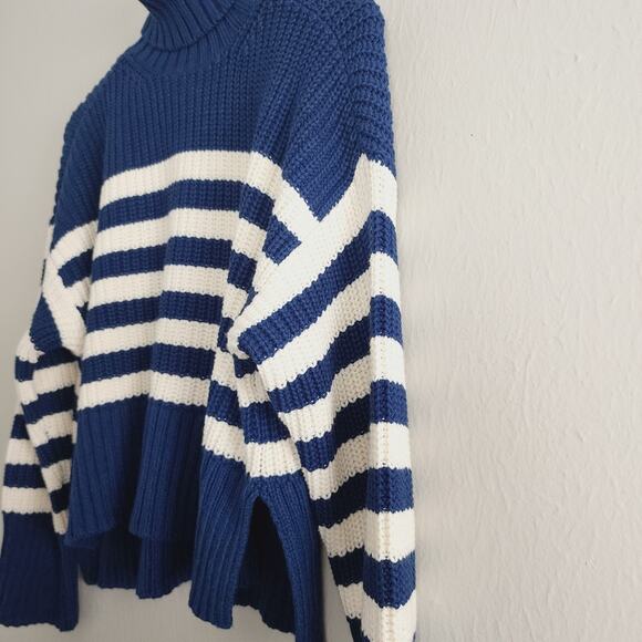 NEW Madewell Blue White Stripe Wide Ribbed Turtleneck Knit Sweater - Picture 8 of 13